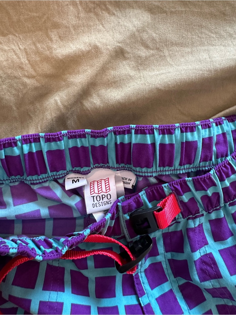 Topo Designs Purple and Teal Grid Women's Shorts with Red Belt - Picture 2 of 3